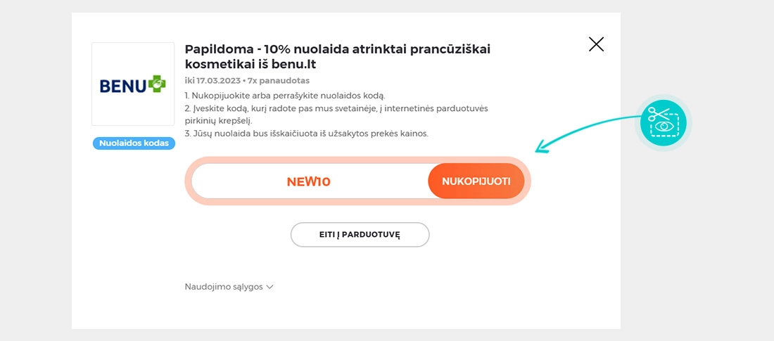 Instrukcijos, kaip nukopijuoti nuolaidos kodą Benu