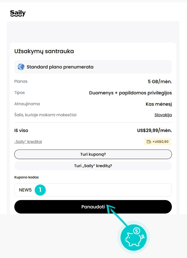 Instrukcijos, kaip pritaikyti nuolaidos kodą Saily prekių krepšelyje