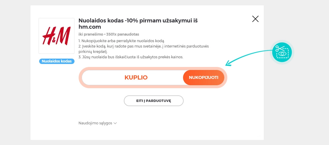 Instrukcijos, kaip nukopijuoti nuolaidos kodą H&M