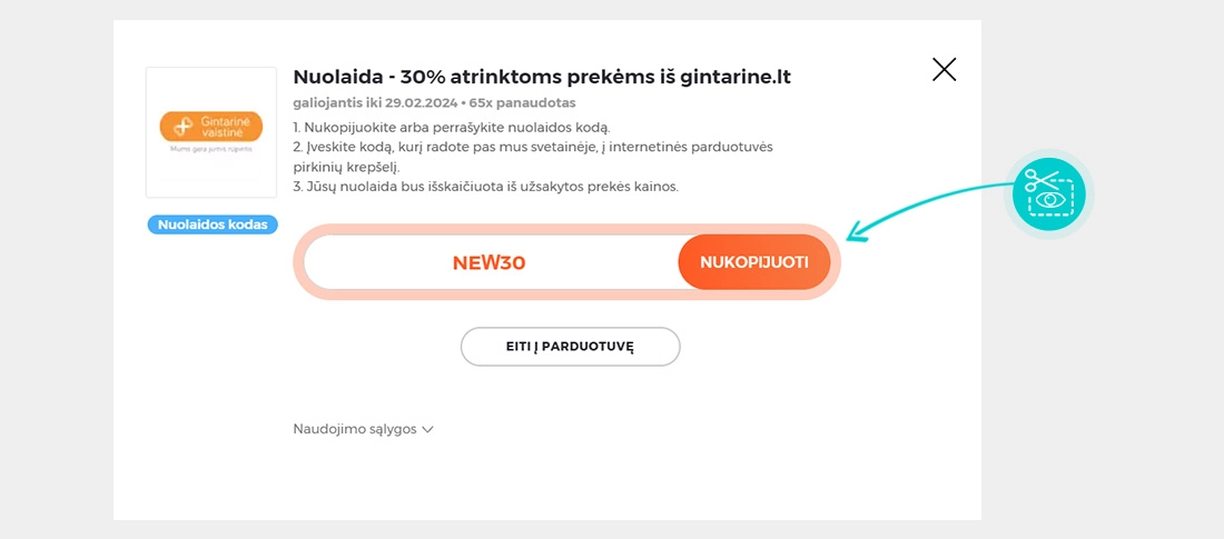 Instrukcijos, kaip nukopijuoti nuolaidos kodą Gintarinė vaistinė