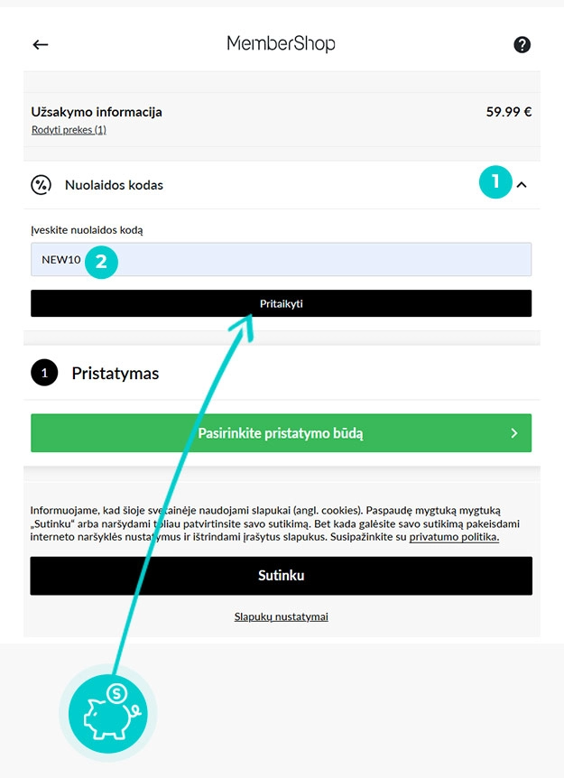Instrukcijos, kaip pritaikyti nuolaidos kodą MemberShop prekių krepšelyje