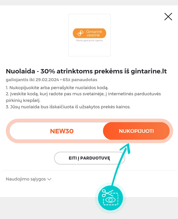 Instrukcijos, kaip nukopijuoti nuolaidos kodą Gintarinė vaistinė