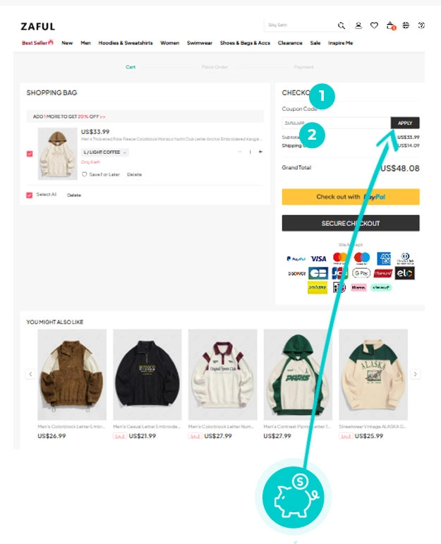 Instrukcijos, kaip pritaikyti nuolaidos kodą Zaful prekių krepšelyje