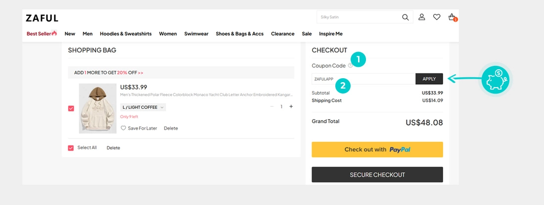Instrukcijos, kaip pritaikyti nuolaidos kodą Zaful prekių krepšelyje