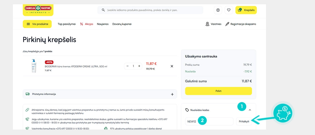 Instrukcijos, kaip pritaikyti nuolaidos kodą Camelia prekių krepšelyje