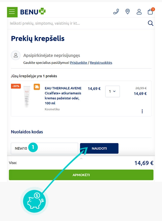 Instrukcijos, kaip pritaikyti nuolaidos kodą Benu prekių krepšelyje