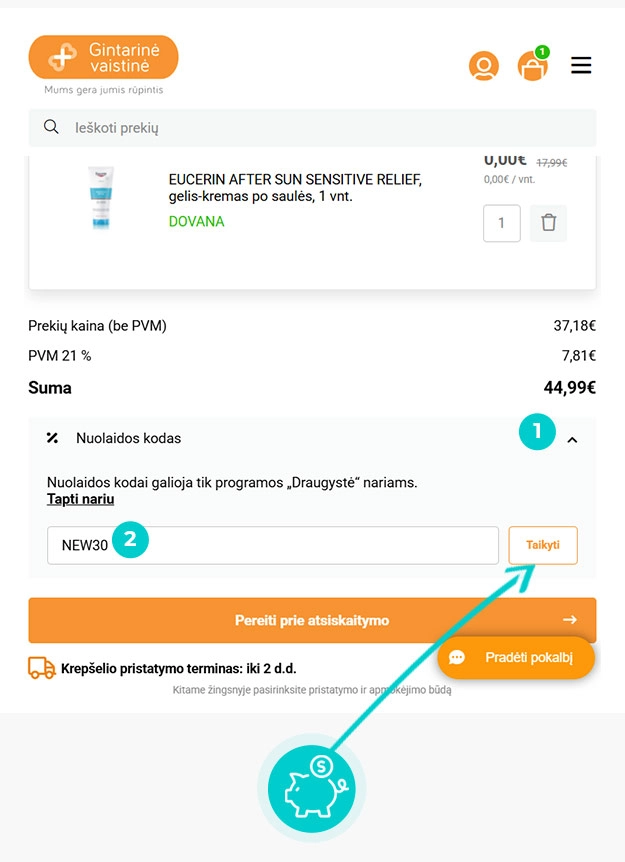 Instrukcijos, kaip pritaikyti nuolaidos kodą Gintarinė vaistinė prekių krepšelyje