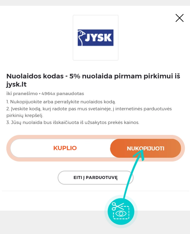Instrukcijos, kaip nukopijuoti nuolaidos kodą Jysk