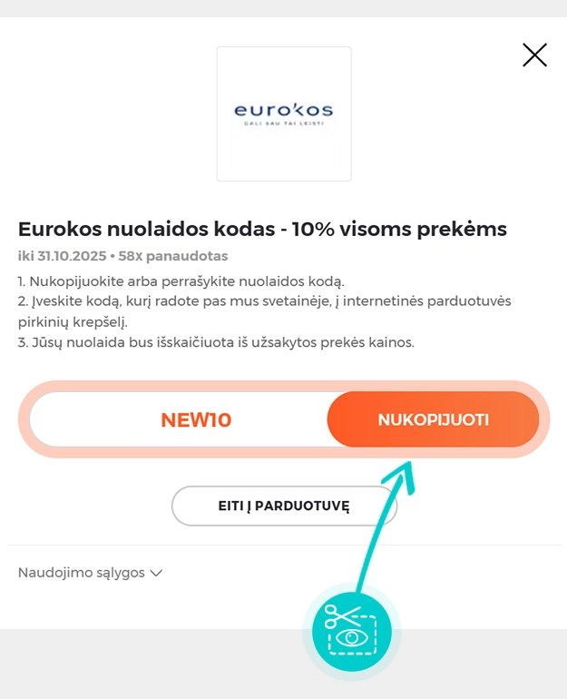 Instrukcijos, kaip nukopijuoti nuolaidos kodą Eurokos