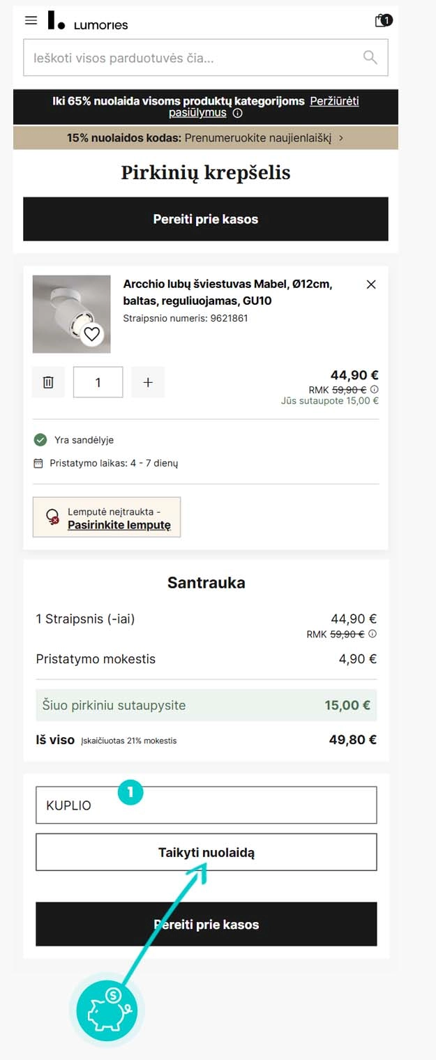 Instrukcijos, kaip pritaikyti nuolaidos kodą Lumories prekių krepšelyje