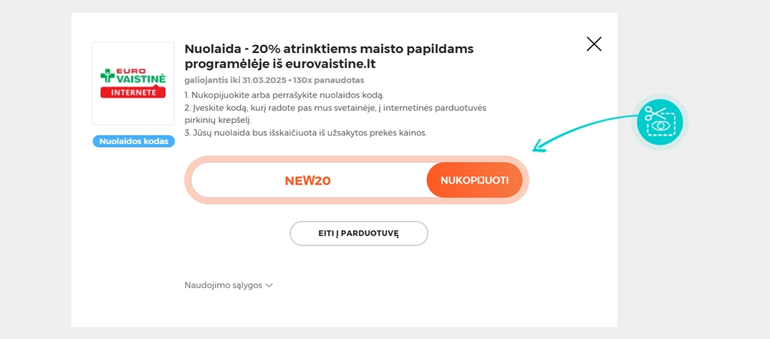 Instrukcijos, kaip nukopijuoti nuolaidos kodą Eurovaistinė