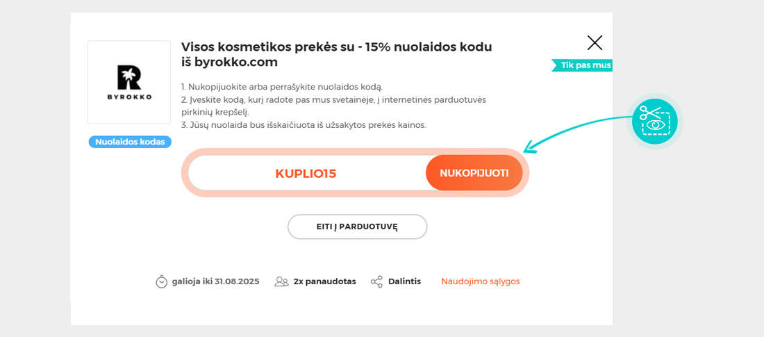 Instrukcijos, kaip nukopijuoti nuolaidos kodą ByRokko