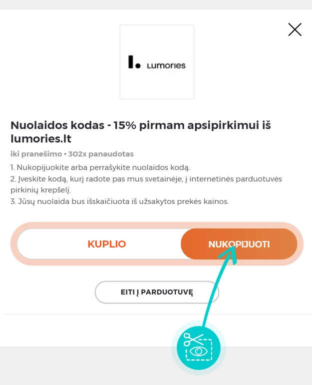 Instrukcijos, kaip nukopijuoti nuolaidos kodą Lumories