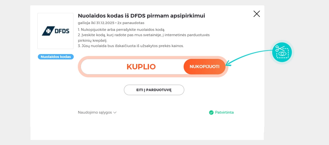 Instrukcijos, kaip nukopijuoti nuolaidos kodą DFDS