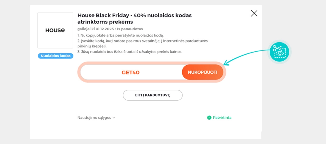 Instrukcijos, kaip nukopijuoti nuolaidos kodą House