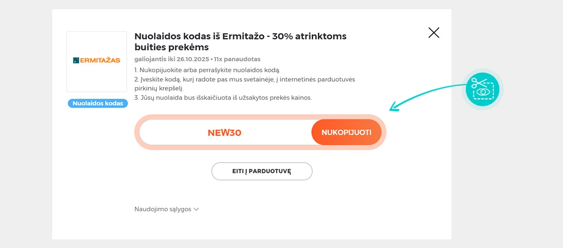 Instrukcijos, kaip nukopijuoti nuolaidos kodą Ermitažas