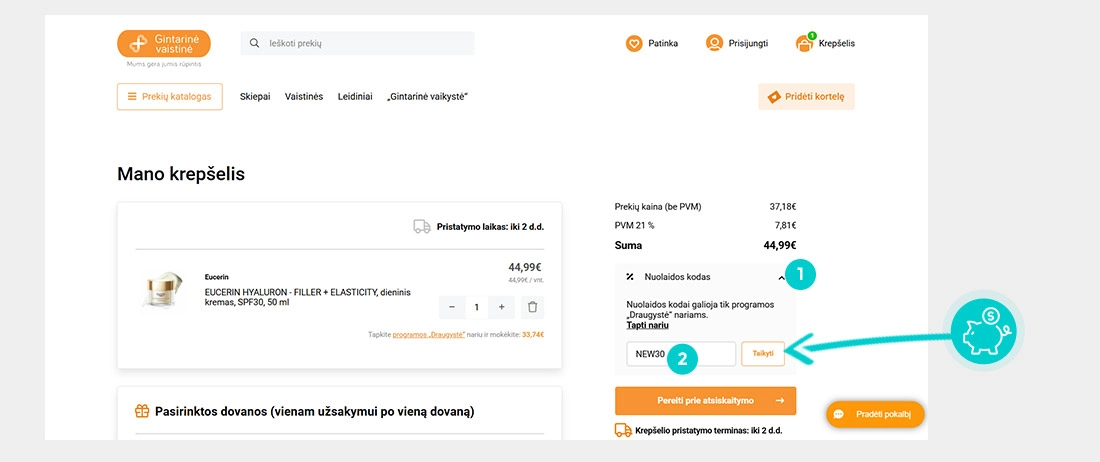 Instrukcijos, kaip pritaikyti nuolaidos kodą Gintarinė vaistinė prekių krepšelyje